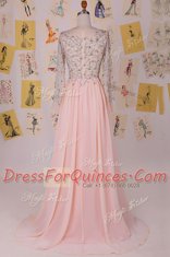 Classical Scoop Long Sleeves Brush Train Zipper Prom Dresses Pink Chiffon