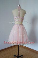 Modest Knee Length Two Pieces Sleeveless Baby Pink Prom Dresses Criss Cross