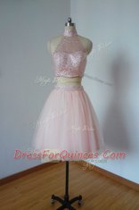 Modest Knee Length Two Pieces Sleeveless Baby Pink Prom Dresses Criss Cross