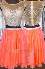 New Arrival Orange Taffeta Zipper Bateau Cap Sleeves Mini Length Prom Evening Gown Beading