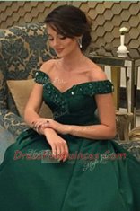 Discount Off the Shoulder Floor Length Dark Green Dress for Prom Satin Short Sleeves Beading