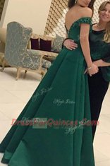 Discount Off the Shoulder Floor Length Dark Green Dress for Prom Satin Short Sleeves Beading