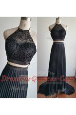 Gorgeous Halter Top Black Sleeveless With Train Beading Zipper Prom Dress