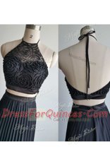 Gorgeous Halter Top Black Sleeveless With Train Beading Zipper Prom Dress