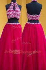 Customized Halter Top Satin Sleeveless Floor Length Prom Party Dress and Beading