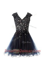 Fine V-neck Cap Sleeves Criss Cross Prom Party Dress Navy Blue Tulle