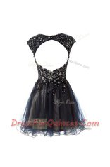 Fine V-neck Cap Sleeves Criss Cross Prom Party Dress Navy Blue Tulle