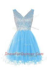 Baby Blue V-neck Neckline Beading Evening Dress Sleeveless Zipper