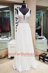Excellent White Sleeveless Beading Floor Length