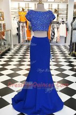 Sweet Short Sleeves With Train Beading Zipper Prom Evening Gown with Royal Blue Sweep Train