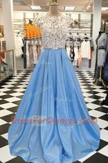 Scoop Cap Sleeves Satin Prom Dresses Beading and Lace Sweep Train Backless