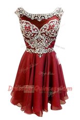 Burgundy Zipper Bateau Beading and Sashes ribbons Prom Evening Gown Chiffon Cap Sleeves
