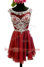 Burgundy Zipper Bateau Beading and Sashes ribbons Prom Evening Gown Chiffon Cap Sleeves