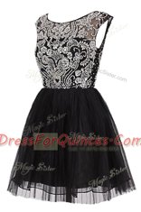 Black A-line Tulle Bateau Cap Sleeves Beading Knee Length Zipper Prom Dresses