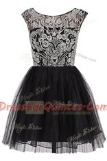 Black A-line Tulle Bateau Cap Sleeves Beading Knee Length Zipper Prom Dresses