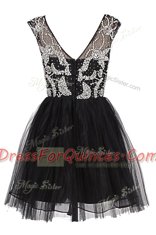 Black A-line Tulle Bateau Cap Sleeves Beading Knee Length Zipper Prom Dresses