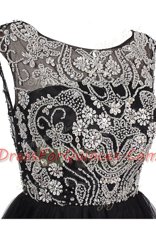 Black A-line Tulle Bateau Cap Sleeves Beading Knee Length Zipper Prom Dresses