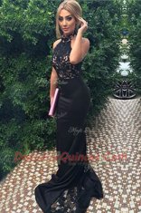 Fashion Mermaid Black Elastic Woven Satin Zipper Prom Dresses Sleeveless With Train Sweep Train Lace and Appliques
