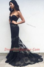 Mermaid Lace Sweetheart Sleeveless Sweep Train Zipper Lace Prom Party Dress in Black
