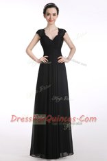 Extravagant Black Zipper Prom Evening Gown Lace Cap Sleeves Floor Length