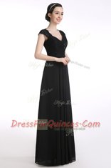 Extravagant Black Zipper Prom Evening Gown Lace Cap Sleeves Floor Length