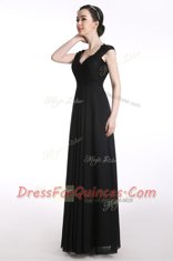 Extravagant Black Zipper Prom Evening Gown Lace Cap Sleeves Floor Length