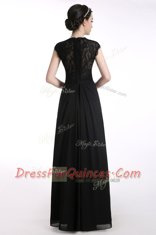Extravagant Black Zipper Prom Evening Gown Lace Cap Sleeves Floor Length