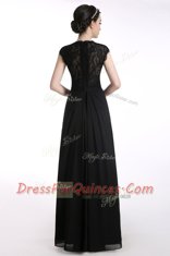 Extravagant Black Zipper Prom Evening Gown Lace Cap Sleeves Floor Length