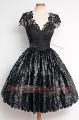 Exceptional Black Ball Gowns Lace V-neck Cap Sleeves Lace Knee Length Zipper Evening Dress