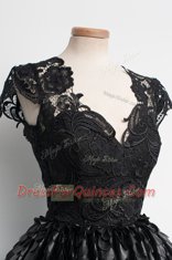 Exceptional Black Ball Gowns Lace V-neck Cap Sleeves Lace Knee Length Zipper Evening Dress
