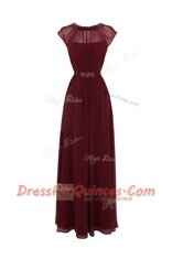 Scoop Burgundy Zipper Beading Cap Sleeves Floor Length
