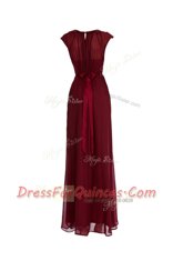 Scoop Burgundy Zipper Beading Cap Sleeves Floor Length