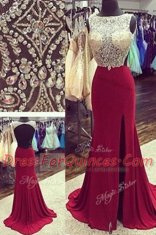 A-line Sleeveless Burgundy Prom Dress Brush Train Backless