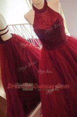 Captivating Burgundy Halter Top Backless Beading Prom Gown Sweep Train Sleeveless