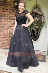 Suitable Scoop Beading Dress for Prom Black Backless Cap Sleeves Floor Length