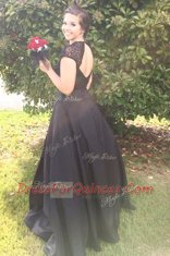Suitable Scoop Beading Dress for Prom Black Backless Cap Sleeves Floor Length