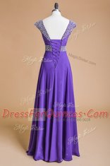 Purple Lace Up Straps Beading and Ruching Prom Party Dress Chiffon Cap Sleeves