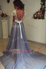 Scoop Cap Sleeves Lace and Bowknot Backless Prom Party Dress with Grey Court Train