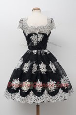 Fancy Black Lace Up Scoop Lace Prom Party Dress Tulle Cap Sleeves