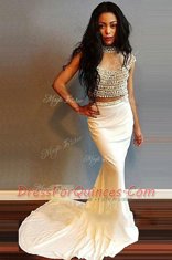 Top Selling Mermaid Elastic Woven Satin Scoop Cap Sleeves Sweep Train Zipper Beading Prom Dresses in White