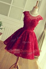 Scoop Red Lace Up Evening Dress Appliques Cap Sleeves Knee Length