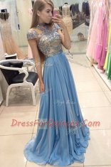 Fashionable Sweep Train A-line Evening Dress Blue Scoop Organza Cap Sleeves With Train Zipper