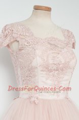 Baby Pink Zipper Prom Gown Lace Cap Sleeves Tea Length