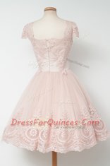 Baby Pink Zipper Prom Gown Lace Cap Sleeves Tea Length