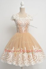 Knee Length Champagne Prom Gown Scoop Cap Sleeves Zipper