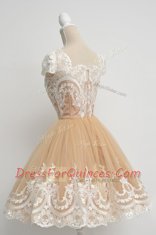 Knee Length Champagne Prom Gown Scoop Cap Sleeves Zipper