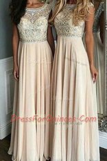 Champagne Chiffon Side Zipper Prom Evening Gown Cap Sleeves Floor Length Beading