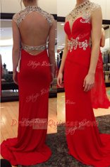 Custom Fit Red Sleeveless Chiffon Sweep Train Backless for Prom