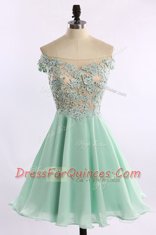 Elegant Off the Shoulder Beading and Appliques Evening Dress Apple Green Zipper Cap Sleeves Mini Length