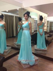 One Shoulder Sleeveless Chiffon Sweep Train Zipper Prom Dress in Baby Blue with Beading